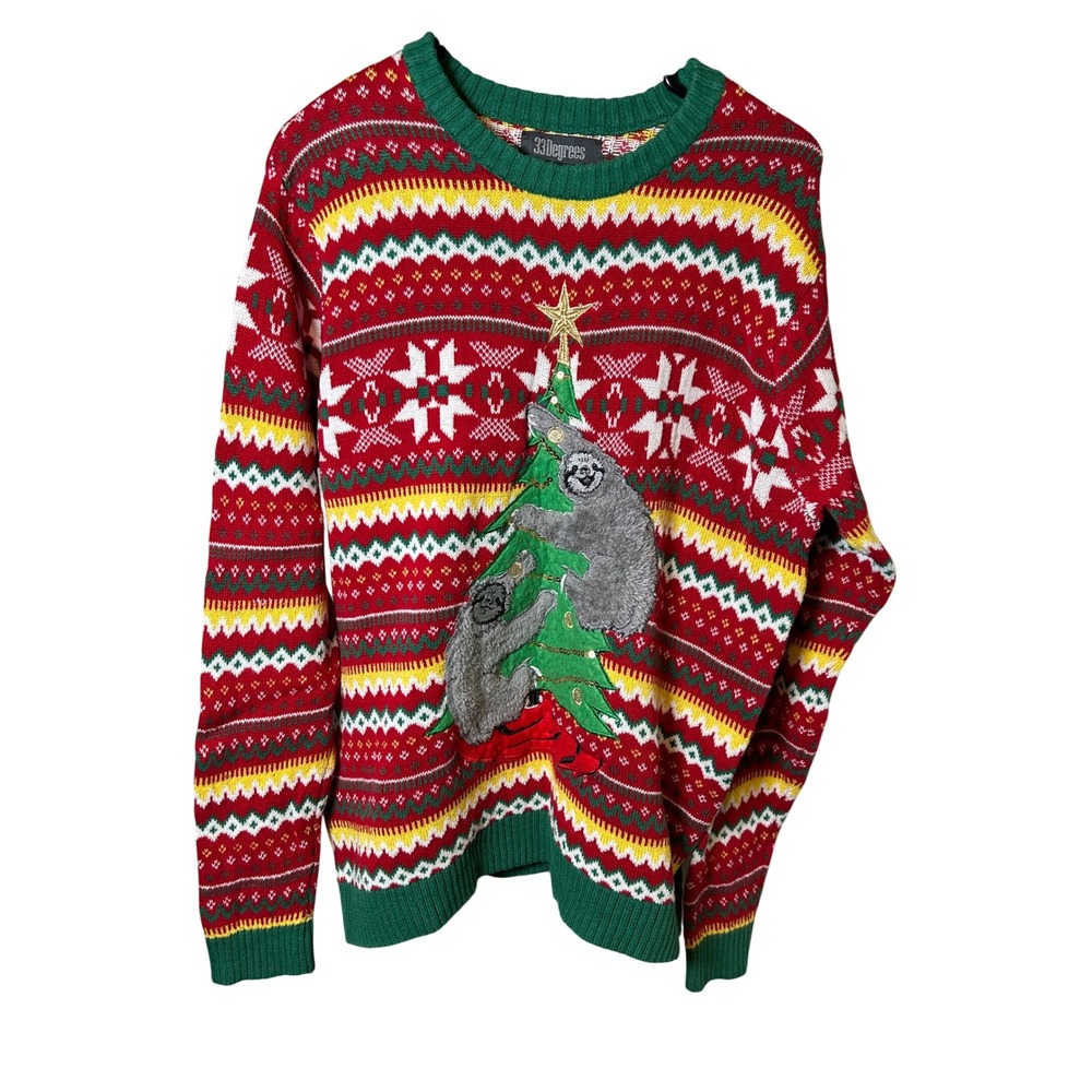 33 Degrees Sweater Men's Large Red Sloth Ugly Christmas Tree Fair Isle Pullover
